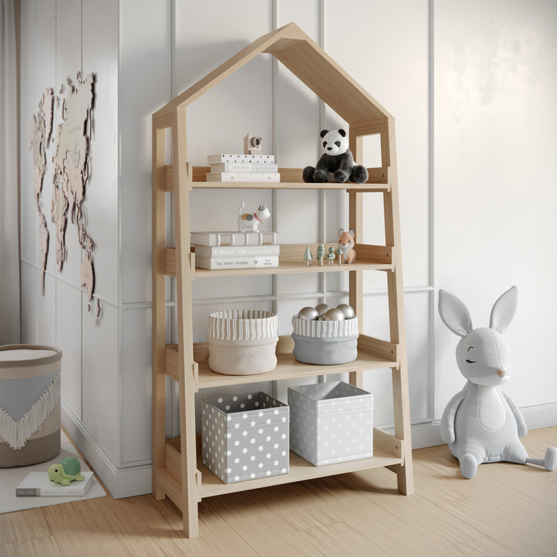 Aurey Kids House-Shaped Bookcase With Open Shelves And Squared Wooden Legs, Natural