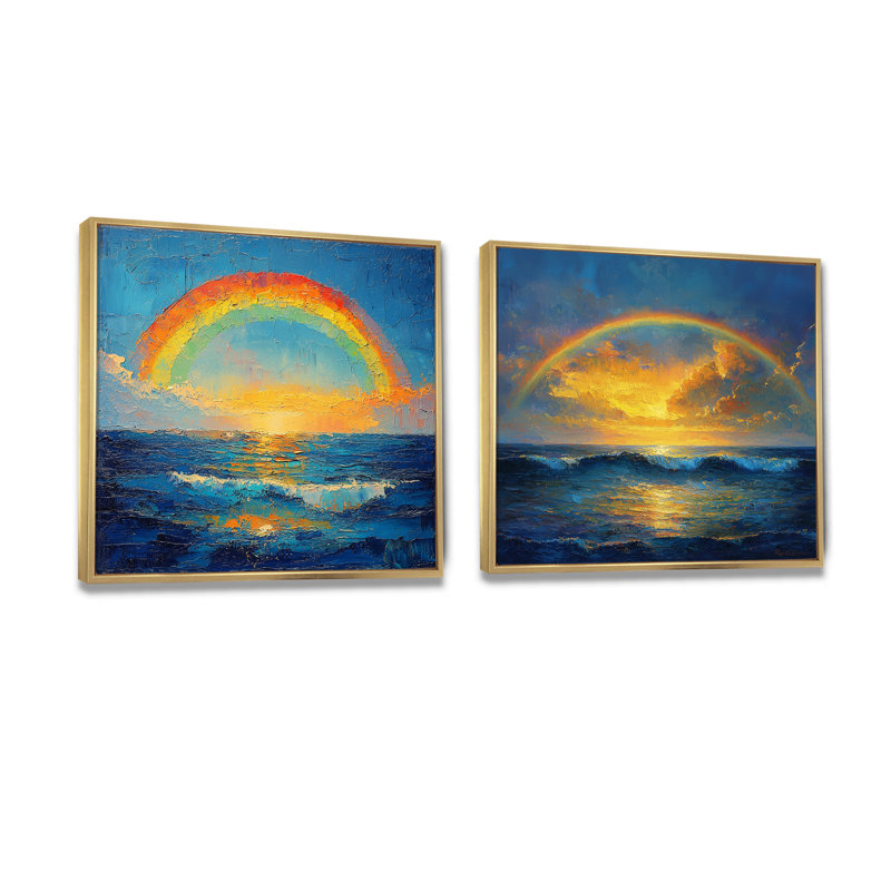 «Rainbow On The Ocean Harmony I» - décoration murale arc-en-ciel - art mural traditionnel 2 pièces, Cadre flottant, Doré