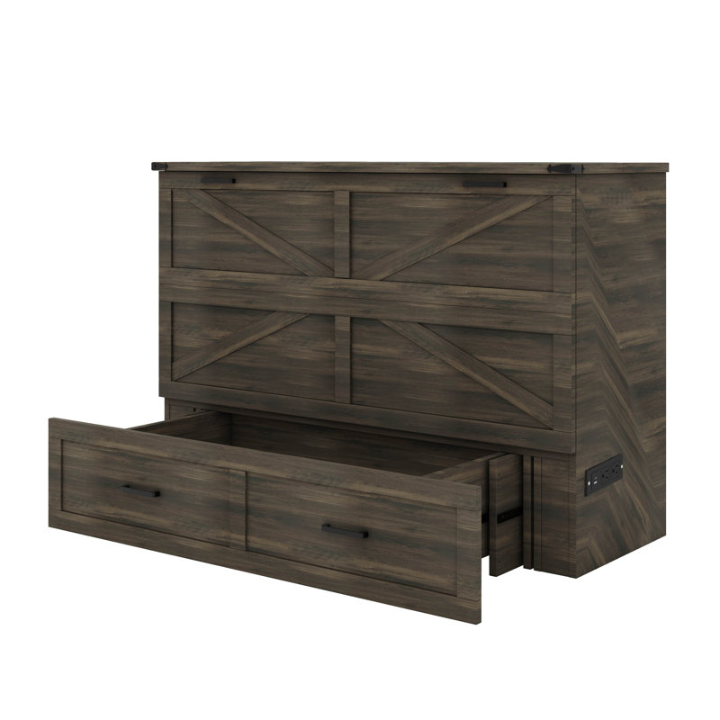 Armoire murale escamotable avec plaque de charge intégrée, lit pliable polyvalent avec 1 grand tiroir de rangement, Grand lit