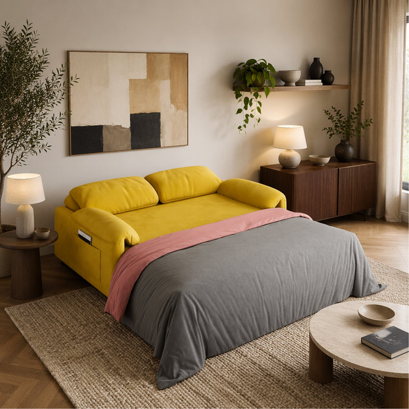 Canapé-lit à double usage en velours: le canapé jaune élégant se transforme en lit rétractable pour votre salon