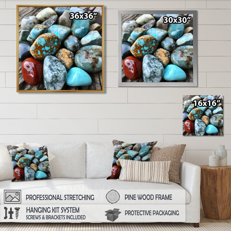 Ethnique turquoise, composition de pierres spirituelles, Toile tendue, H 16 po x l 16 po x P 1 po