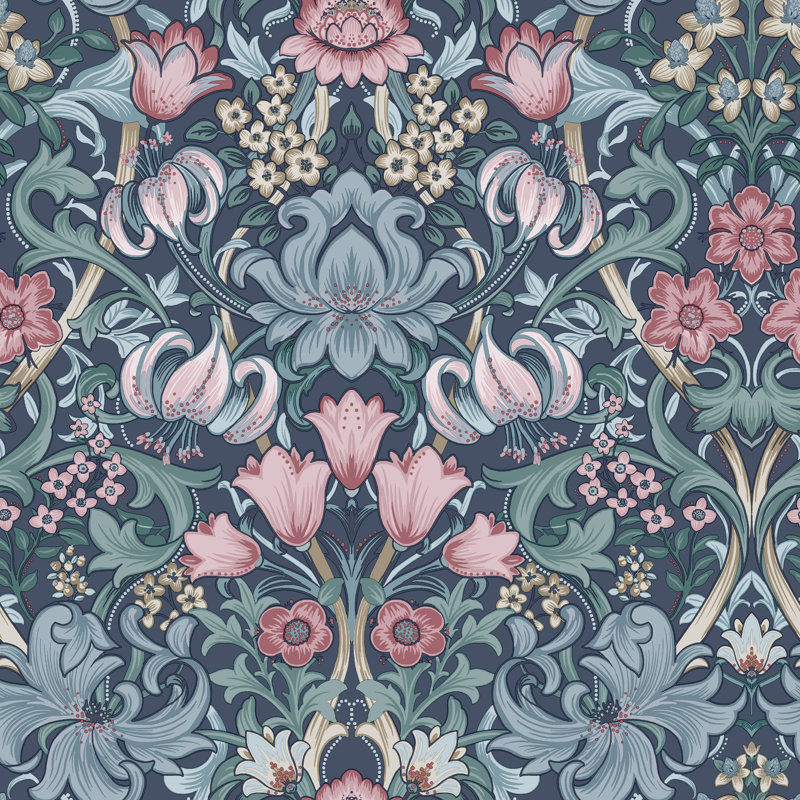 Papier peint fleuri non collé Fleurmont, Bleu marine/bleu