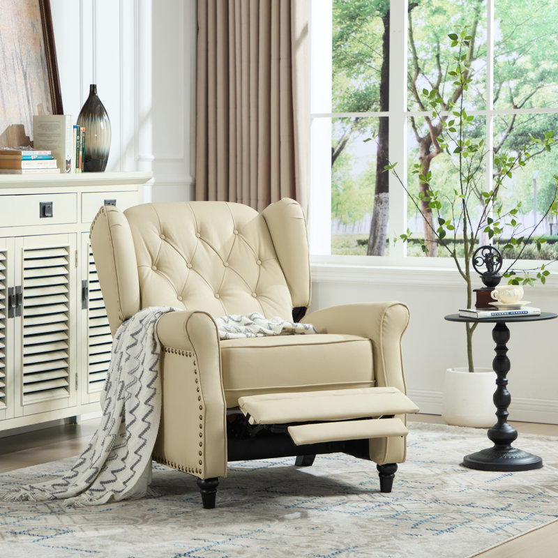 Fauteuil inclinable classique à oreilles de 79 cm de large en cuir pleine fleur, Cream Beige Top Grain Leather