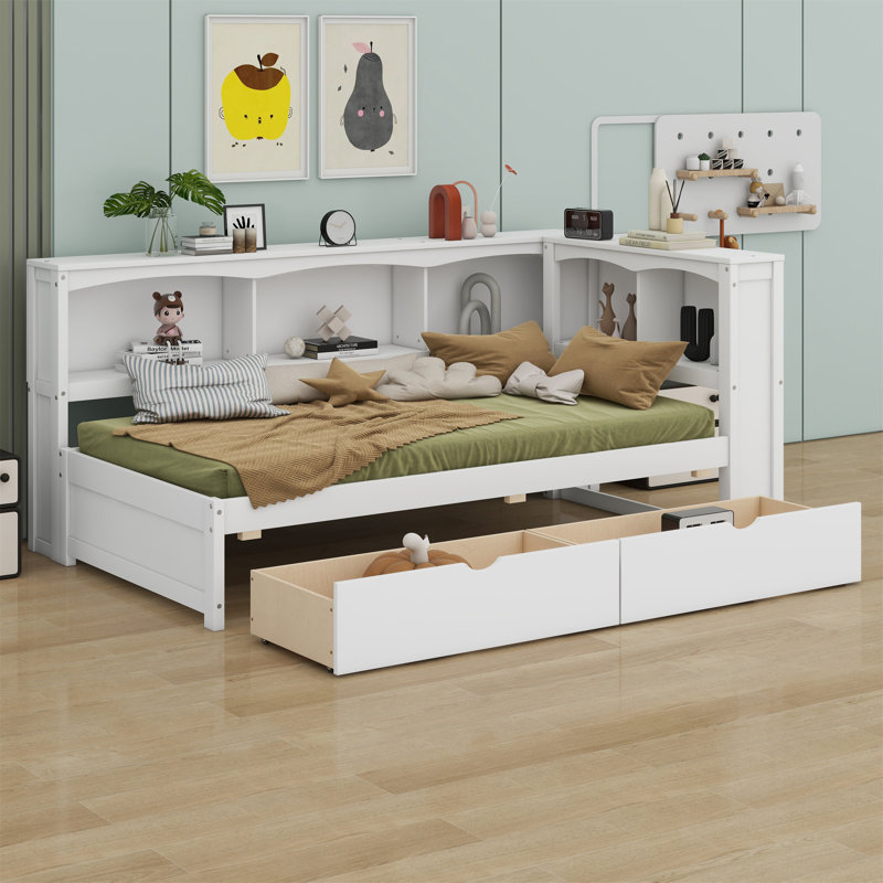 Daybed With Two Storage Drawers, Storage Cabinets And USB Ports, White