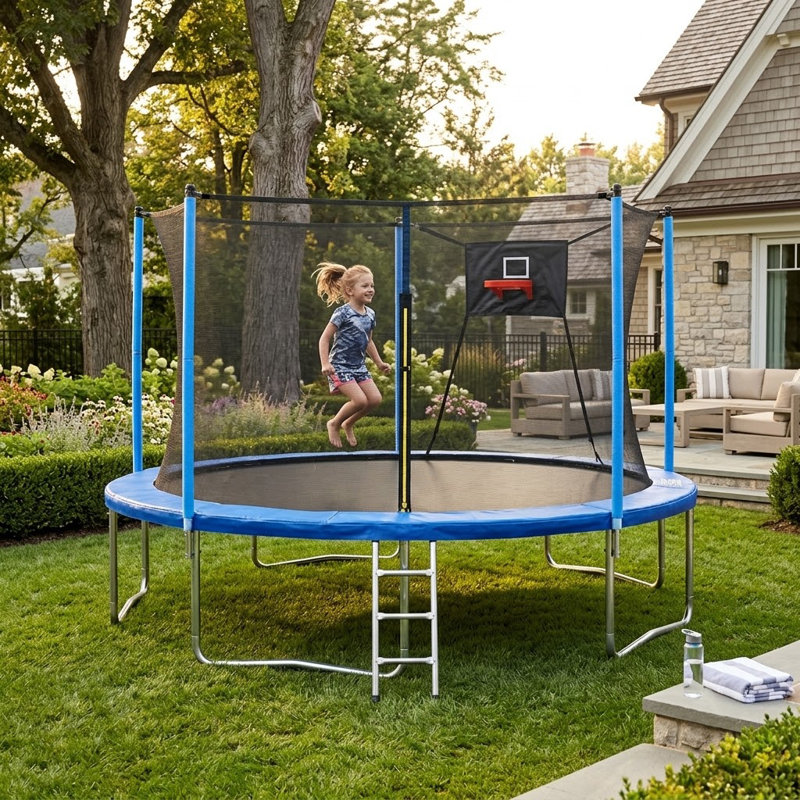 Trampoline extérieur de 14 pi avec filet de sécurité, trampoline de cour pour enfants et adolescents, Bleu