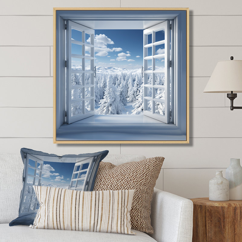 «Forest Winter Window View II - Winter Landscape», art mural, Cadre flottant brun, H 36 po x l 36 po x P 1,5 po