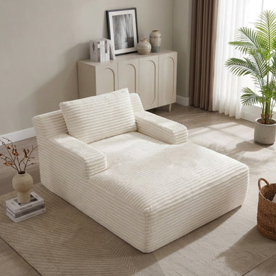 Chaise longue moderne surdimensionnée de 66 pouces en velours côtelé blanc, sans assemblage et entièrement rembourrée de mousse.