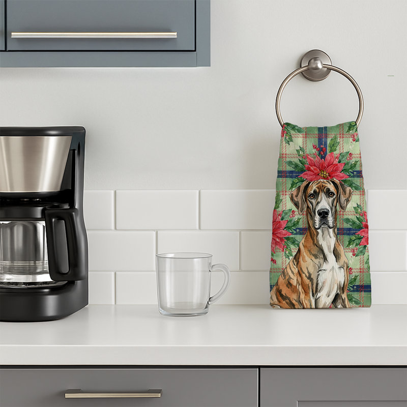 Brindle Great Dane Christmas PoinsettIas Kitchen Towel, Brindle Great Dane