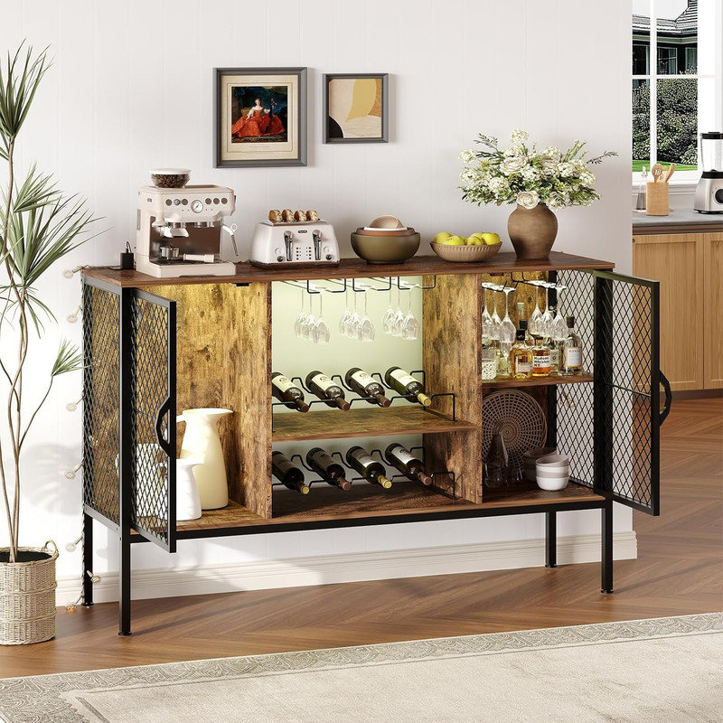 47" Industrial Coffee Bar Cabinet with LED Lights, Power Outlets & Glass Storage, Rustic Brown