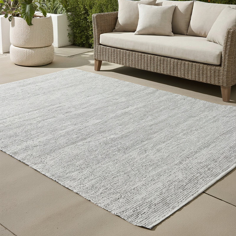  Tapis intérieur/extérieur contemporain en polyester uni tissé à la main, Rectangle 10 pi x 14 pi, Ivoire / Argent