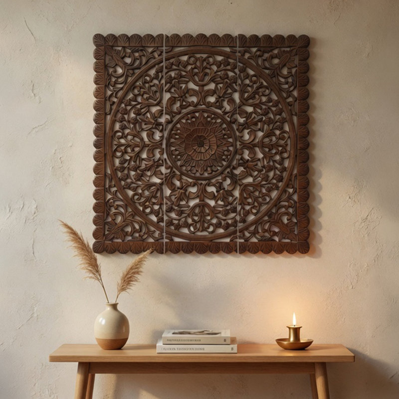 Teather 3Pc Wood Wall Panel Set, Mandala Floral Carving, Brown Finish, 48 Inch Square Decor