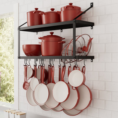 34 po (support à casseroles mural à 1 niveau with avec porte-couvercle, capacité de 75 lb, support à casseroles et casseroles avec 20 crochets, gabarit de perçage fourni pour une installation facile, noir mat