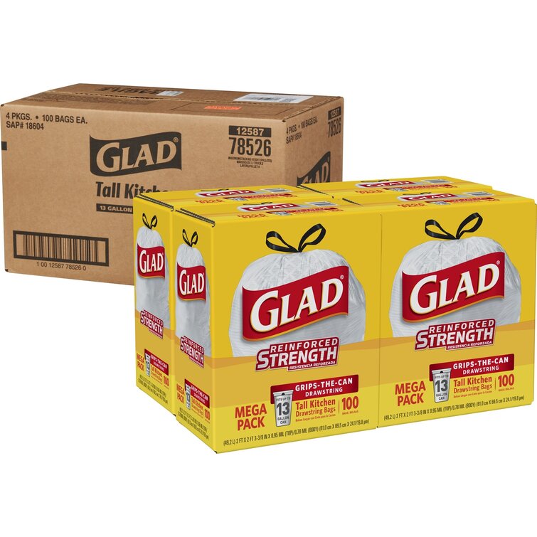 Glad Tall Kitchen Drawstring Trash Bags, 13 gal, 100/Box, #MTGD13100W