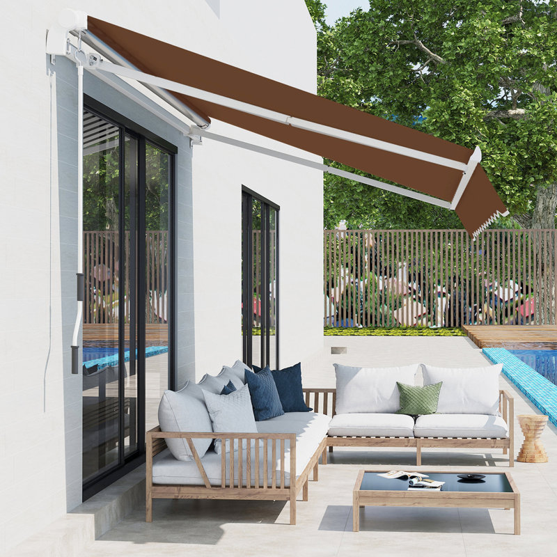 Auvent de balcon 13 pi x 8 pi et manivelle manuelle à eau et brun, pour terrasse de patio, auvent de parasol Glorious 13 pi x 8 pi, structure en aluminium, style