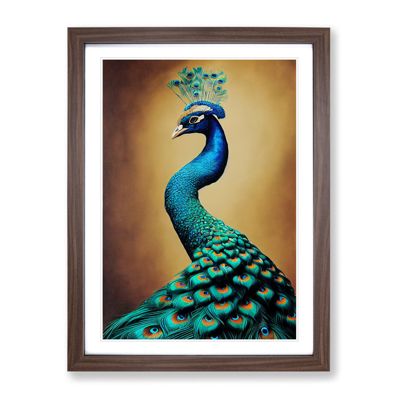 Golden Peacock No.2 - Single Picture Frame Print, 64cm H x 46cm W x 2cm D, Walnut