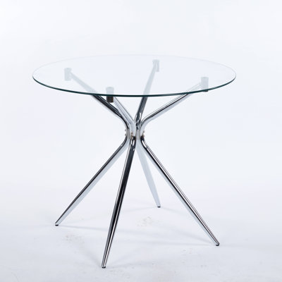 Dining Table With Chrome Metal Leg And Tempered Glass,Modern Space Saving Kitchen Table For Living Room,Chrome Color Metal Legs
