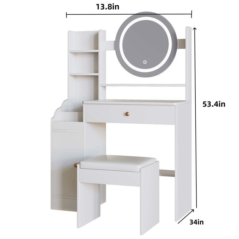 Bureau de coiffeuse blanc avec miroir lumineux et tabouret à DEL, table de coiffeuse moderne
