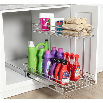 2-Tier Under Sink Pull Out Shelf, Sliding Cabinet Organizer for Kitchen Bathroom, Chrome