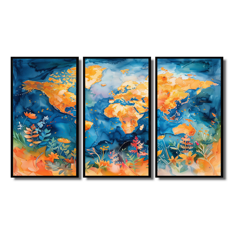 Carte du monde orange et bleu - ensemble de décoration murale carte du monde, Toile avec cadre flottant noir