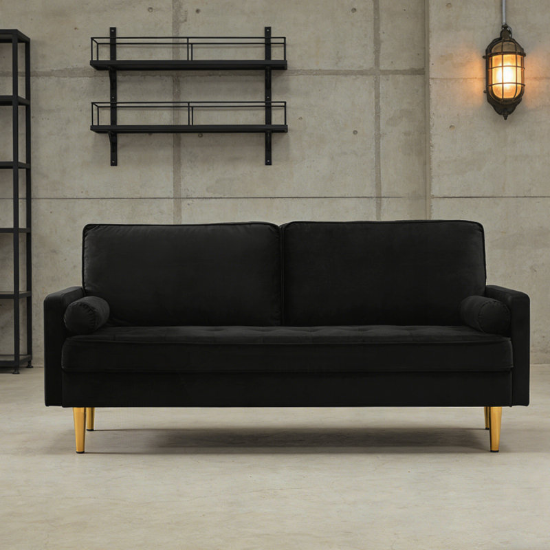 Minimalist Velvet Sofa with Metal Legs, Complete with Cushions for Living Room or Bedroom Comfort, Black