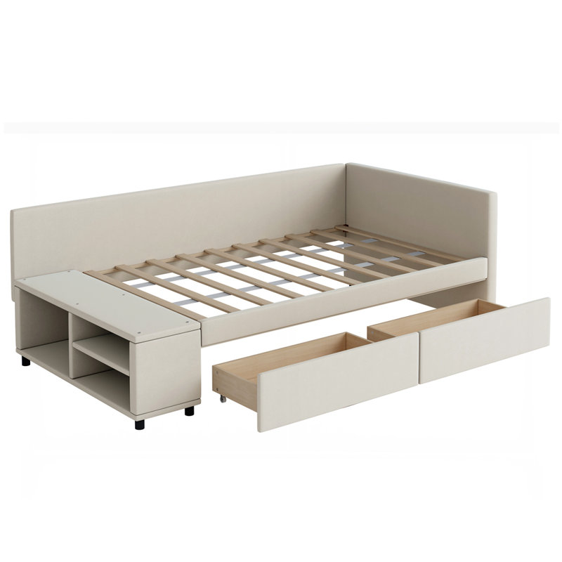 Lit plateforme tapissier en L avec rangement et tiroirs, Beige