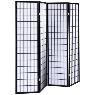 Folding Screen, 4 - Panel, Black Color, Rubberwood And White Paper, 72.07 Inches High, 69.5 Wide, For A Clean Look Panel Decorative Room Divider Lightweight Rubberwood, Modern Aesthetic