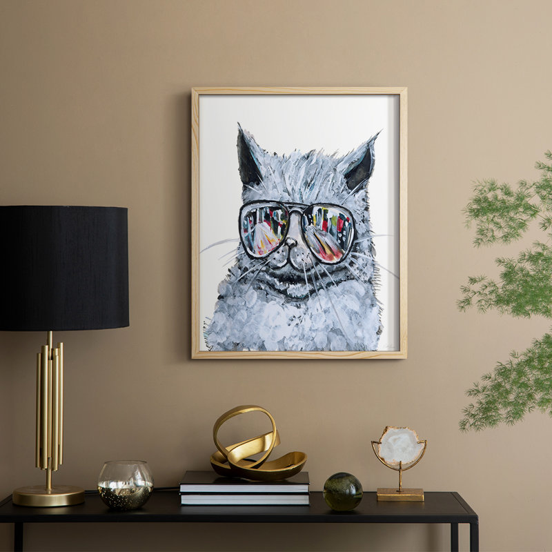 «Kitty with Shades», reproduction encadrée - bois massif, Naturel, H 21 po x l 17 po