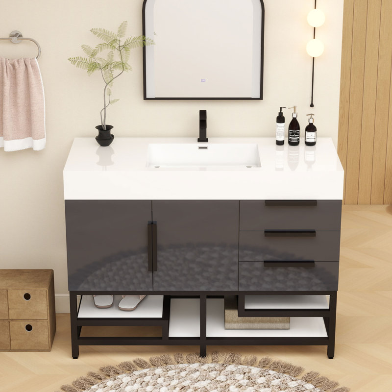 Meuble-lavabo sur pied simple 48 po, Gris brillant