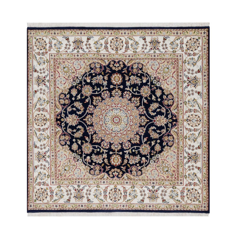 Tapis carré de 5 pi x 5 pi bleu nuit, laine et soie, noué à la main avec motif médaillon central Nain, 250 KPSI, tapis oriental