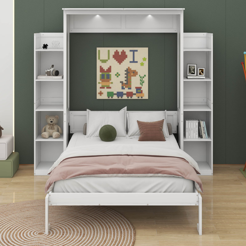Lit escamotable double avec tablettes et DEL, Blanc