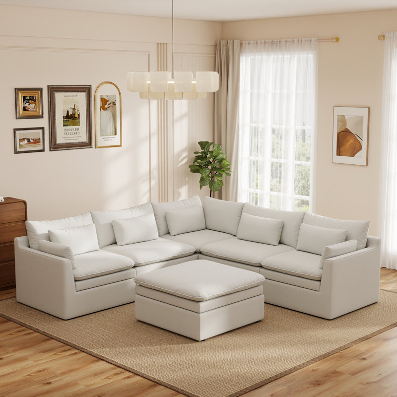 6-Piece  Double Layer Cushion Corner Sectional Sofa With Ottoman, White