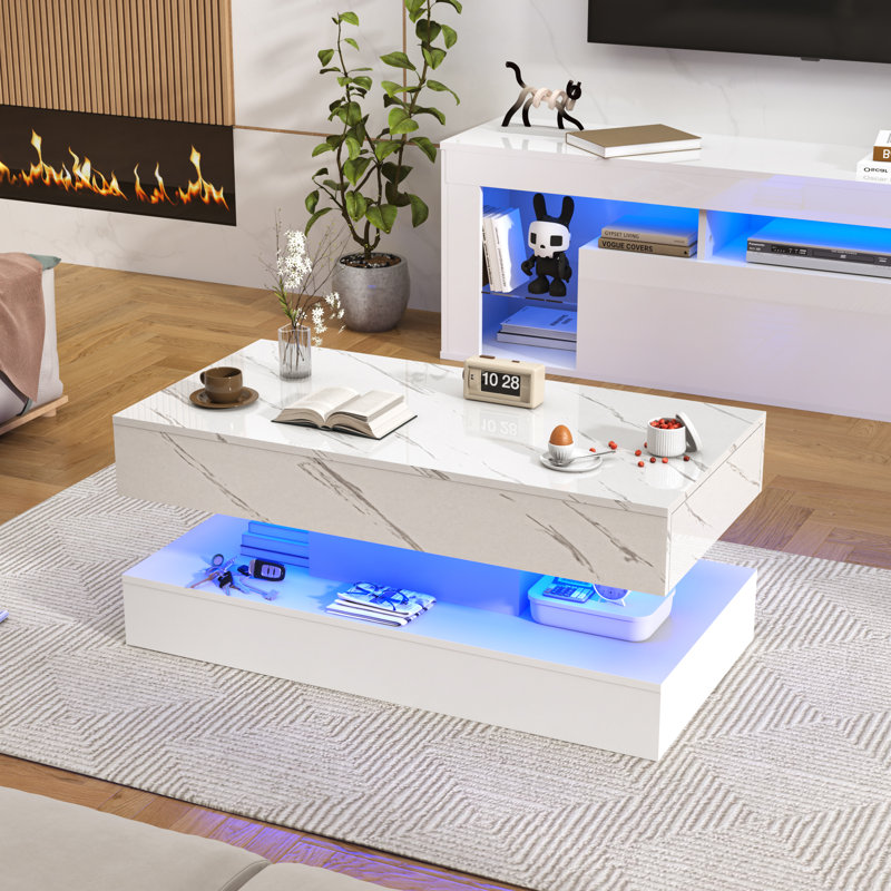 Table basse de 39,4 po moderne à DEL ultrabrillante avec 2 tiroirs de rangement, lumière centrale RVB de contrôle APP, imperméable et résistante aux égratignures