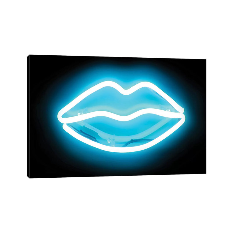 Neon Lips Aqua On Black by Hailey Carr - Print on Canvas, Wrapped Canvas, 20.32 cm H x 30.48 cm W