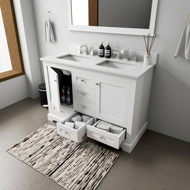 Meuble-lavabo double avec plateau en quartz et miroir Timeless