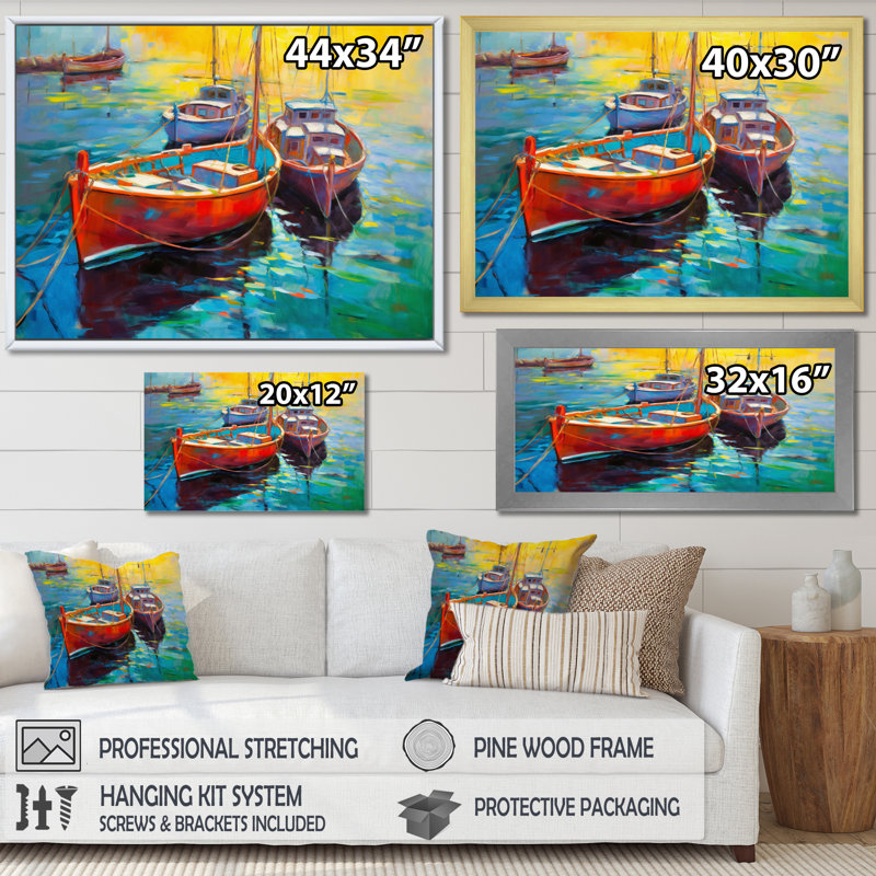 Trois bateaux dans le port II - art mural port côtier, Toile tendue, H 30 po x l 40 po x P 1,5 po