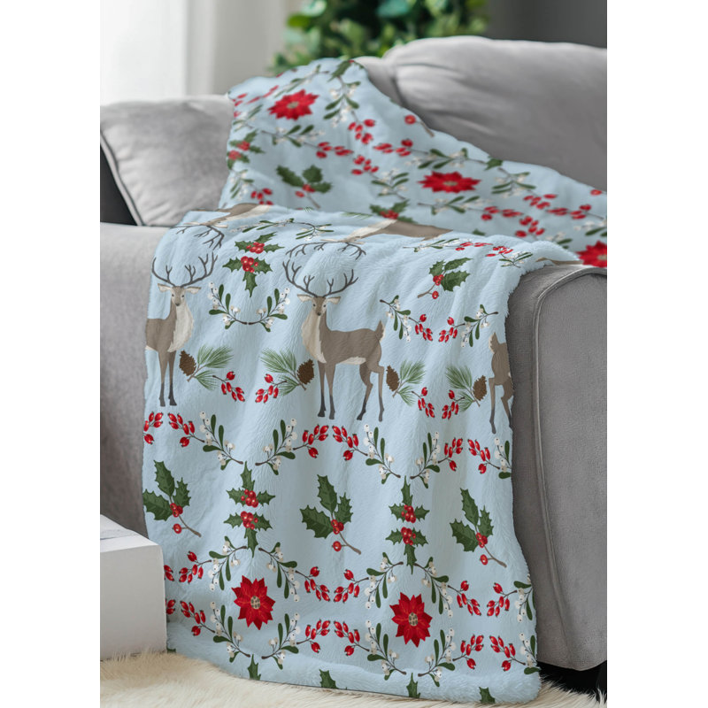 Jeté Botanical Deer, L 60 po x l 50 po, Argent / bleu