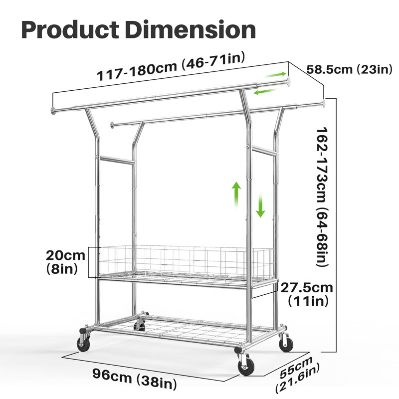 Double Rail Clothes Rack on Wheels, 283kg(625lbs) Capacity, with Mesh Storage Basket & Bottom Shelf, Silver
