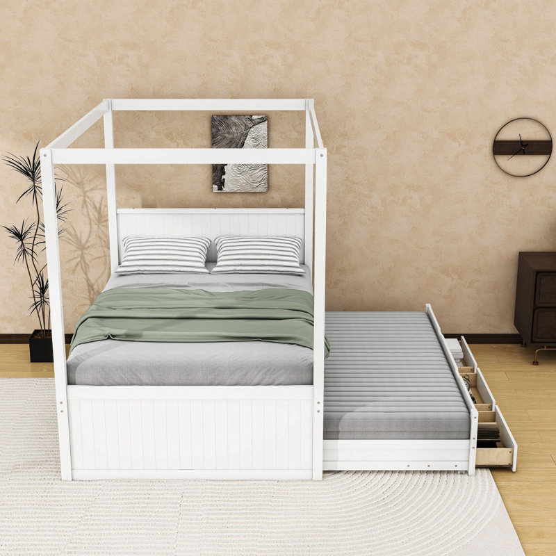 Lit plateforme à baldaquin compact avec lit gigogne, tiroirs et tête de lit peu encombrants, Lit double, Blanc