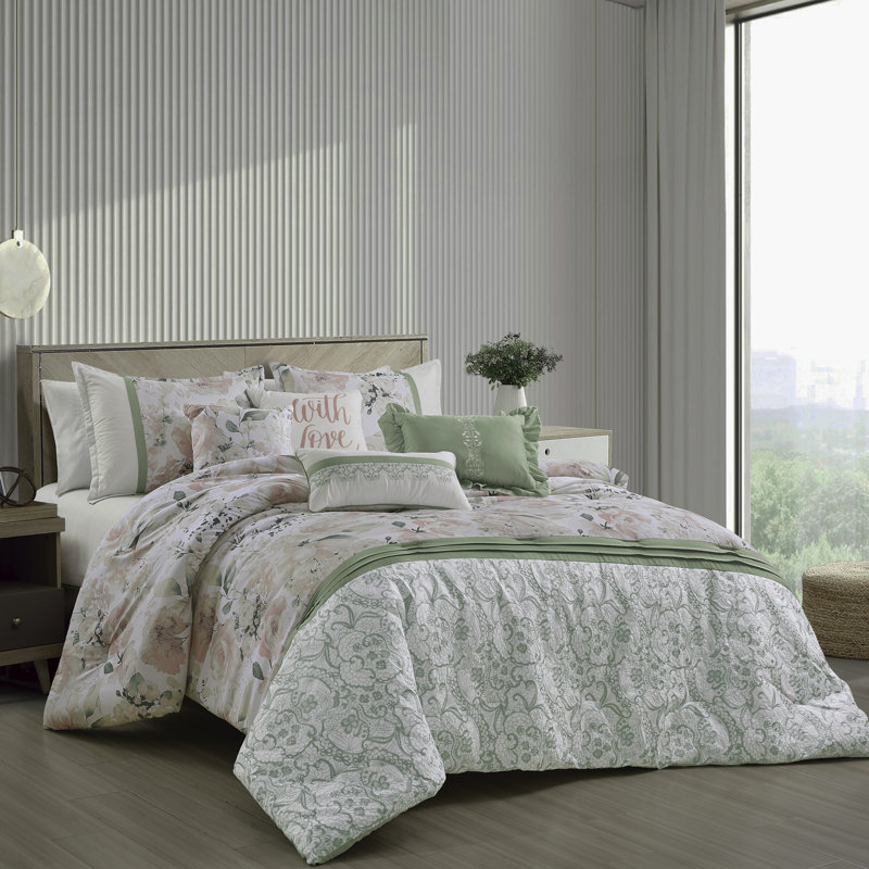 Ensemble d'édredon 7 pièces Blush and Sage Floral avec détails brodés et imprimés, doux microfibre de polyester