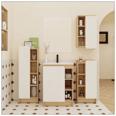 Ensemble de meuble-lavabo 4 pièces en chêne clair avec lavabo en céramique à bord mince, ensemble de meuble-lavabo avec armoires de rangement, panneaux de porte bicolores, ensemble KD