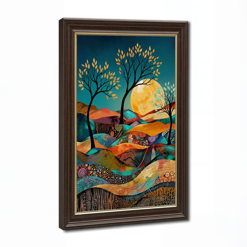 Art mural sur toile avec des arbres et une lune colorés, H 24 po x l 16 po