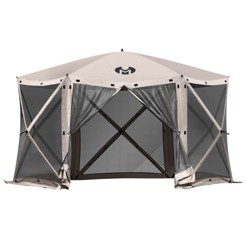 Tan 6-Sided Pop-Up Gazebo Tent with Mesh Panels