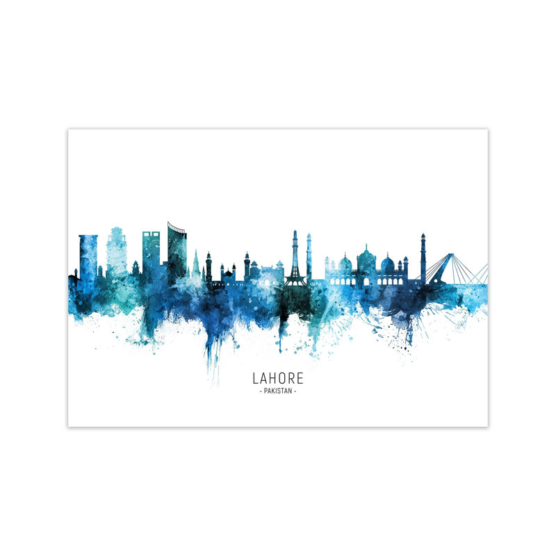 Lahore Pakistan Skyline Blue City Name by Michael Tompsett - Print, Unframed, 21cm H x 30cm W x 1cm D