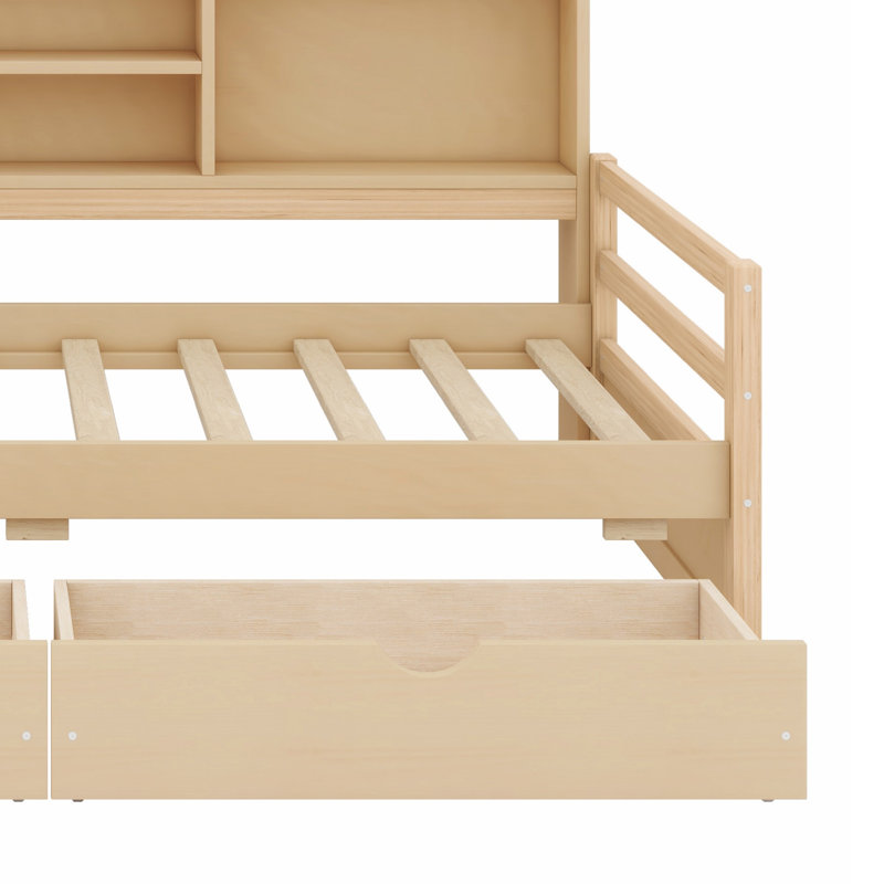 Corner Daybed with Desk, Storage Drawers, Charging Port & Shelves, Natural