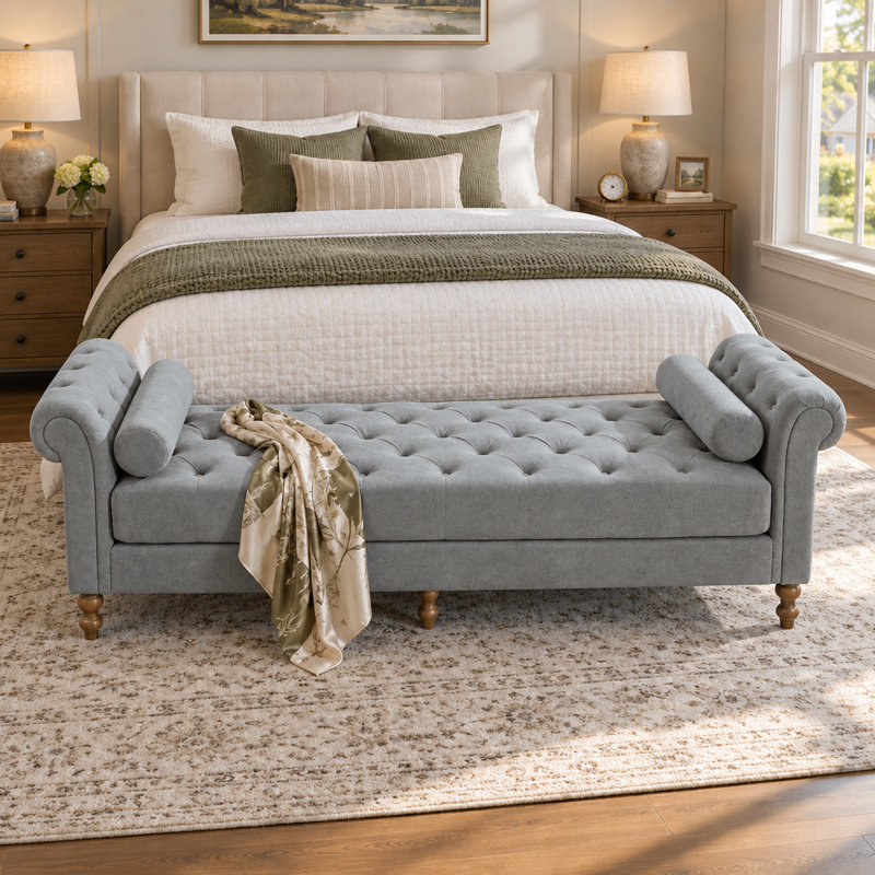 Banc de lit moderne en chenille capitonnée avec coussins cylindriques et pieds en bois d'hévéa, idéal pour l'entrée de la chambre, le change de chaussures et comme siège d'appoint.