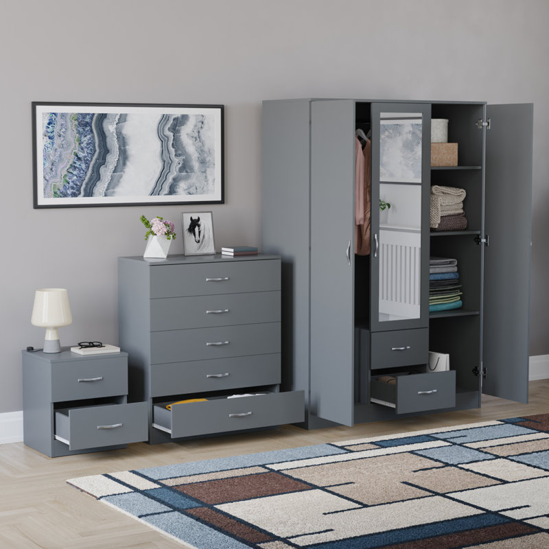 Maybery 3 Piece Bedroom Set (2 Drawer Bedside Chest, 5 Drawer Chest, 3 Door 2 Drawer Mirrored Wardrobe), (5), Grey