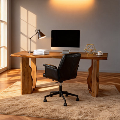 63" Rustic Solid Wood Executive Desk With Unique Wave-Leg Design, Farmhouse Office Desk For Home