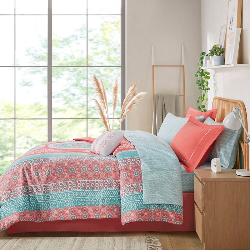 Ensemble d'édredon double avec draps, Ikat corail