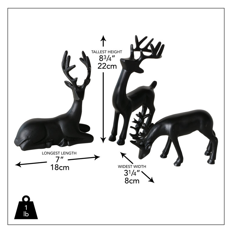 Rustic Reindeer Figurines, Set Of 3, Handmade, Cast Aluminum, 8.75 Inches, Black