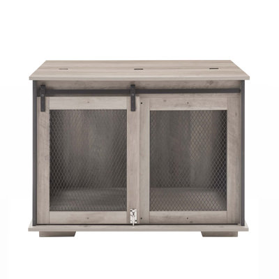 Farmhouse Wooden Dog Crate Furniture with Sliding Barn Door and Flip-top Plate, Detachable Divider for Small/Medium/Large Dogs in Gray